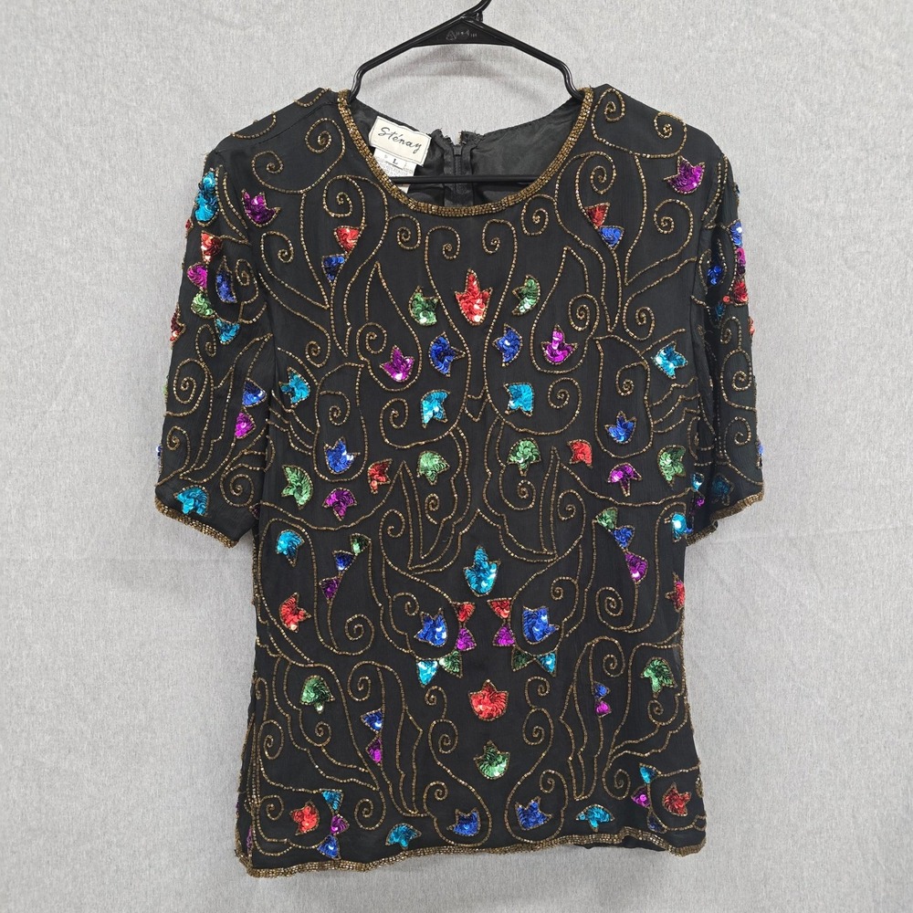 Stenay Silk Sequin Top Black Multicolor Scroll Short Sleeve Large Formal Beaded